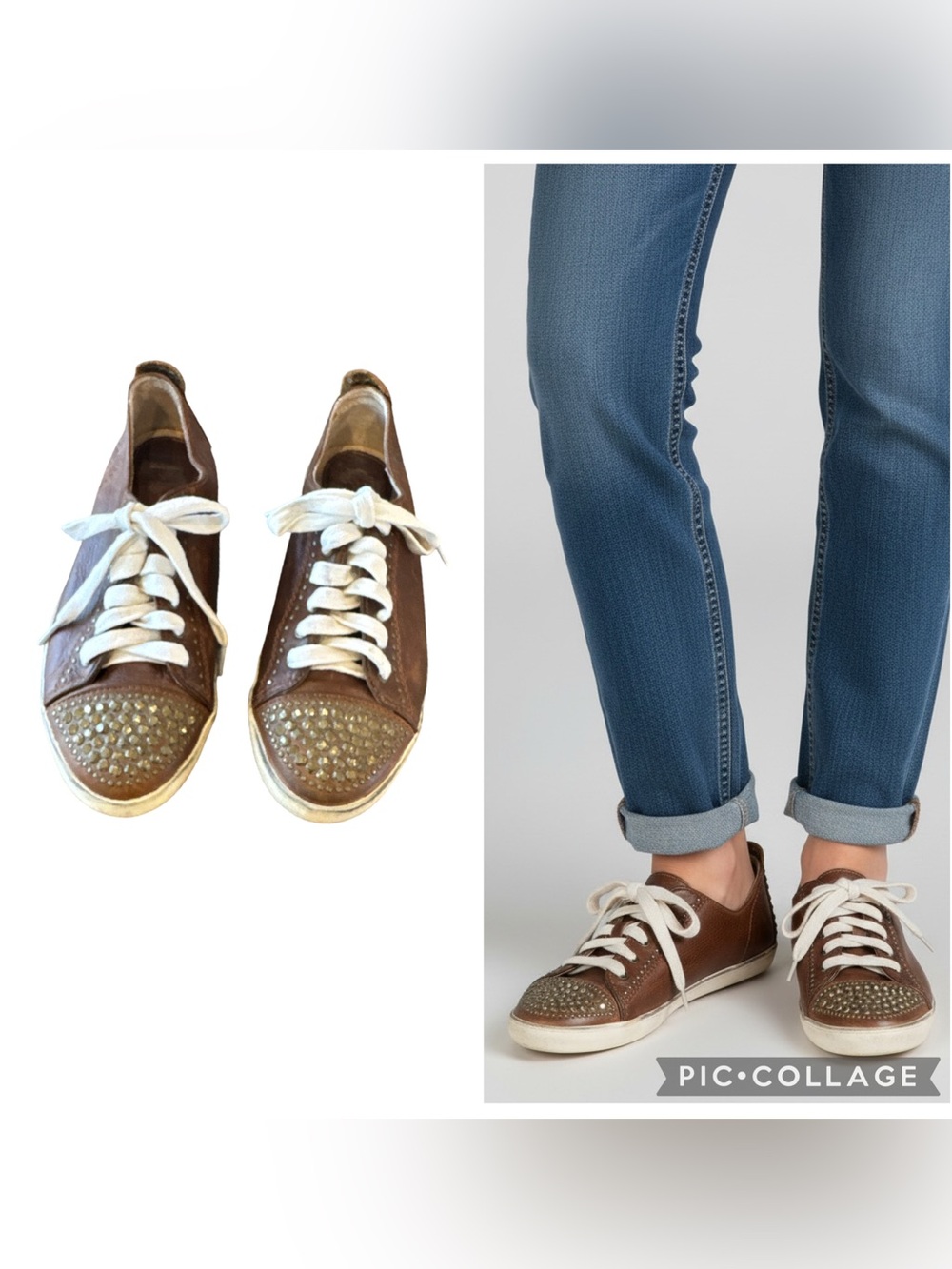 Frye  Kira Studded Distressed Leather Low Top Sneakers Brown Size 8M